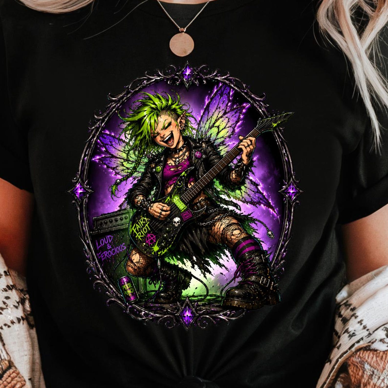 Punk Fairy Guitar Shirt | Rock Fantasy Tee | Edgy Gothic Fairy Graphic T-Shirt S