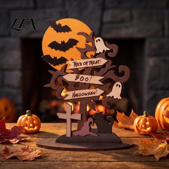 Reusable Holiday Wood Crafts Halloween Moon Bat Ghost And Dead Tree Tabletop Ornament, Mysterious Theme Event Props Decorative Table Centerpiece