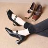 Square Head Shallow Thick Heel Single Shoes Autumn New Metal Chain Soft Leather Medium Heel Small Leather Shoes