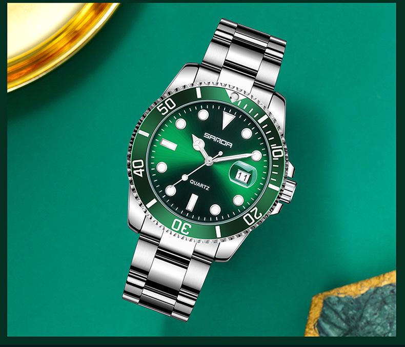 Sanda Men's Green Water Ghost Quartz Watch - Casual Waterproof Steel Band Wristwatch