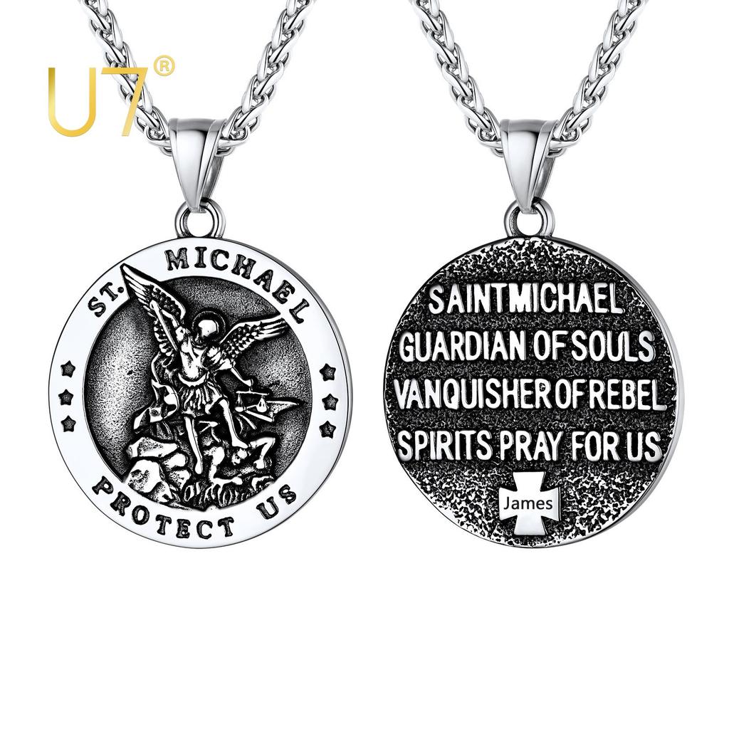 U7 Round Medal St Michael Necklaces for Men Stainless Steel Catholic Protection Amulet Archangel Pendant 22" Chain Jewelry Gift