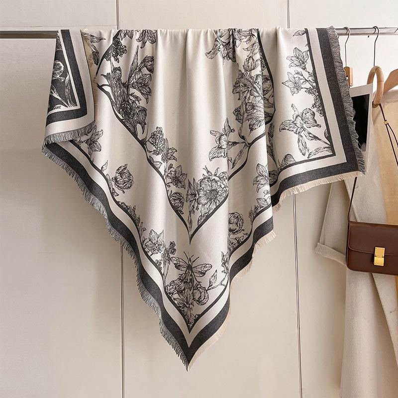 Korean Version Of Iris Printing Large Square Towel Thickened Double-Sided Imitation Cashmere Decoration Cape To Keep Warm And Keep Out The Cold
