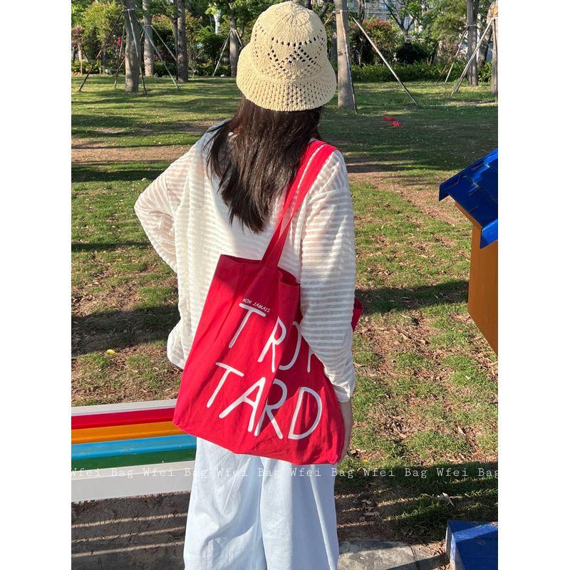 

Wfei Homemade Red Bag Spring/Summer Letter Canvas Bag K-style Ins Large Capacity Totes Lazy Shoulder Bag TROP Red
