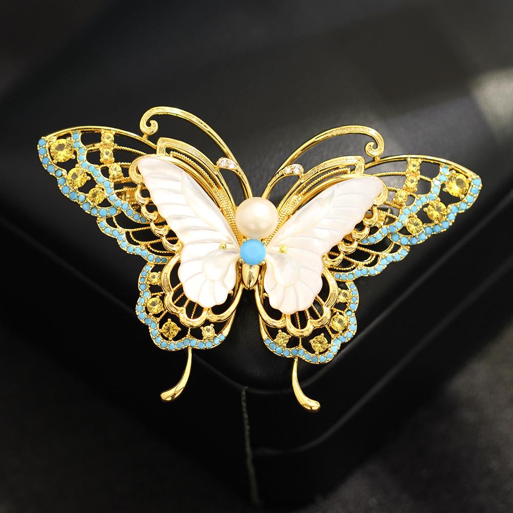 Light Luxury High-end Blue Zircon Inlaid Stone Butterfly Brooch Temperament Natural Fritillary Pearl Wings Insect Pin Female