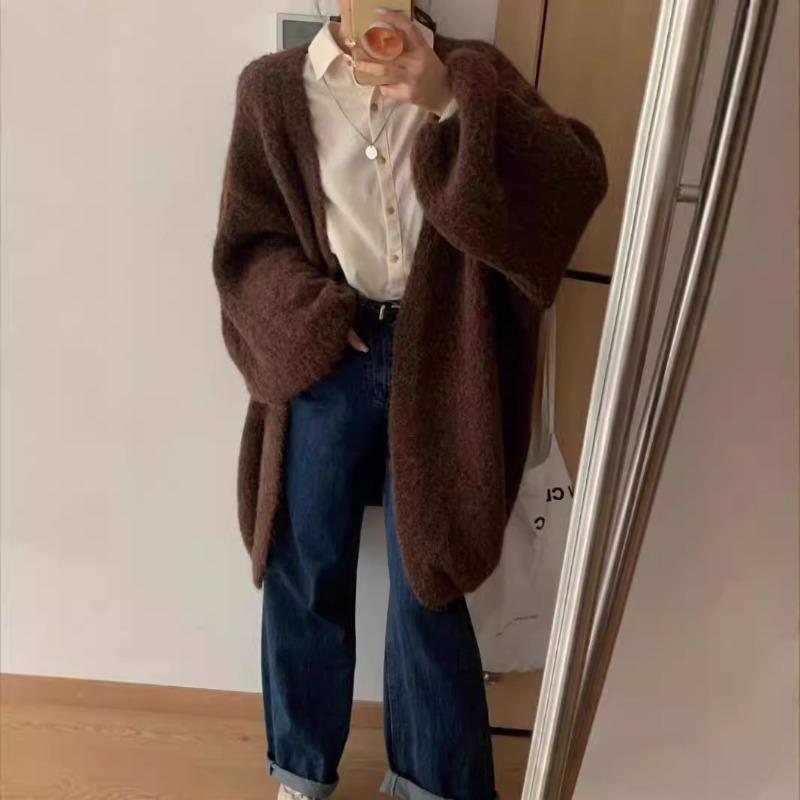 Lantern sleeves lazy wind sweater jacket women's autumn and winter soft waxy loose and thin versatile knitted cardigan women