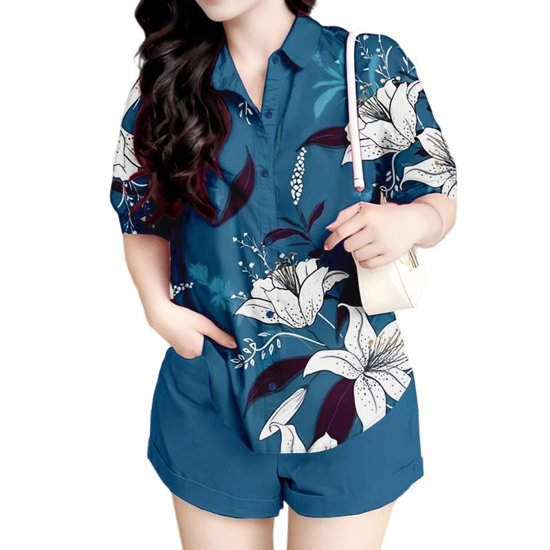 ZANZEA Women Short Sleeve Print Blouse and Shorts Summer Two Piece Suit Sets