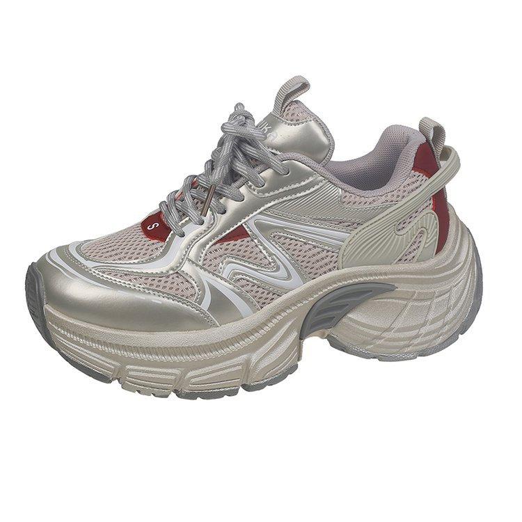 Plateau-Dad-Schuhe aus Leder Damen Herbst 2025 neue atmungsaktive silberne Freizeitschuhe vielseitige herbstliche Schuhe mit Absatz