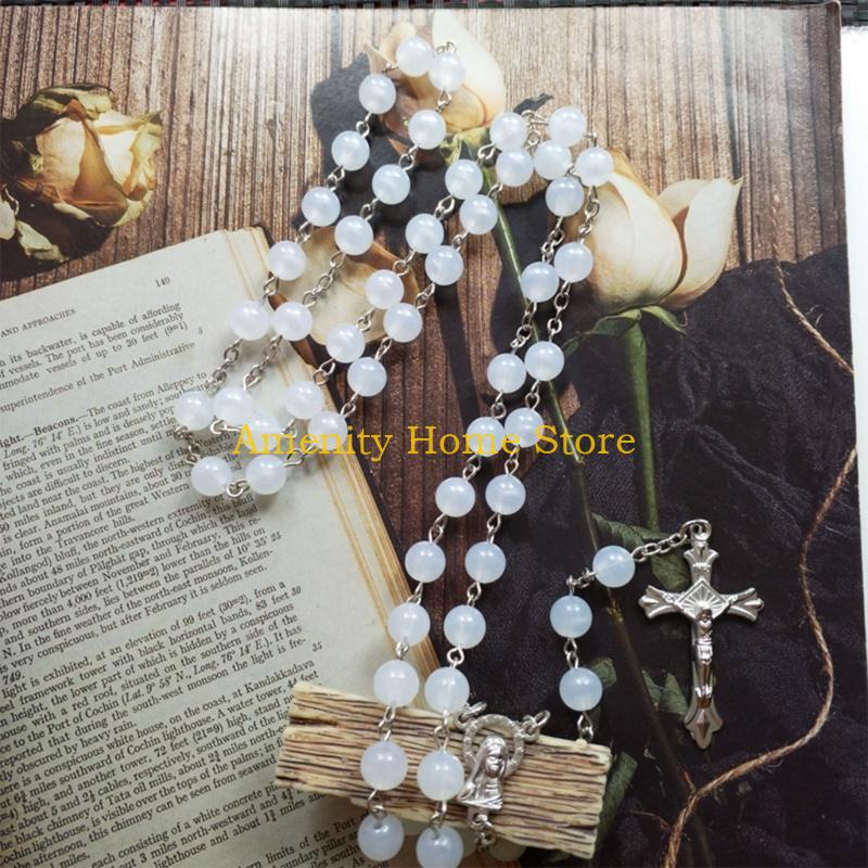 F26C Acrylic White Luminous for Cross Rosary Necklace Hanging Pendant for Women Men Praying Meditation Gift Supplies