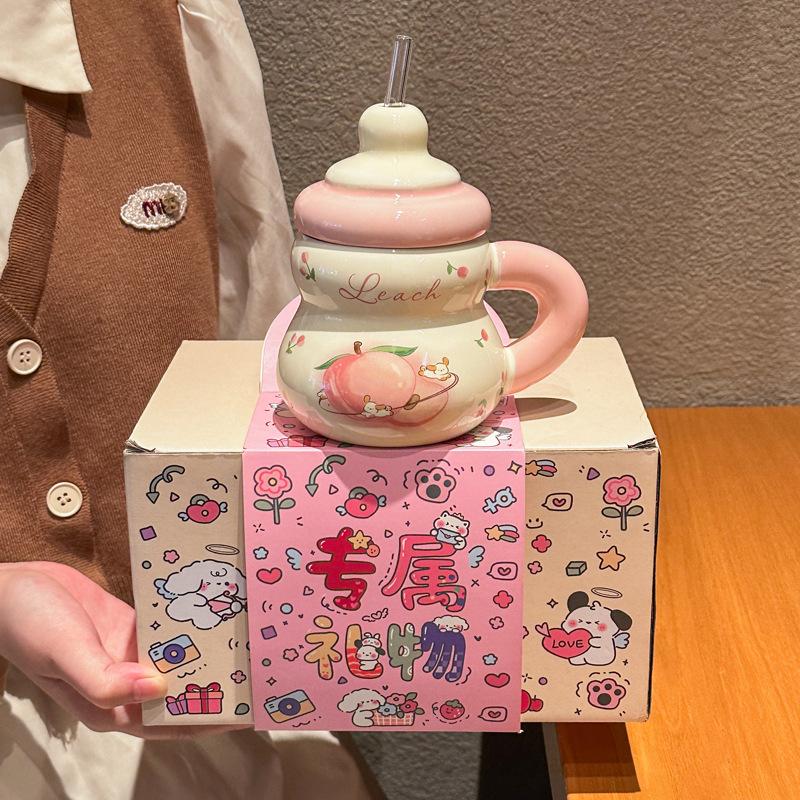 Super cute strawberry straw drinking cup for girls' birthday cup ceramic mug with lid girlfriend souvenir gift