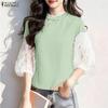 ZANZEA Damen Casual Stehkragen Spitze Patchwork 3/4 Ärmel Bluse