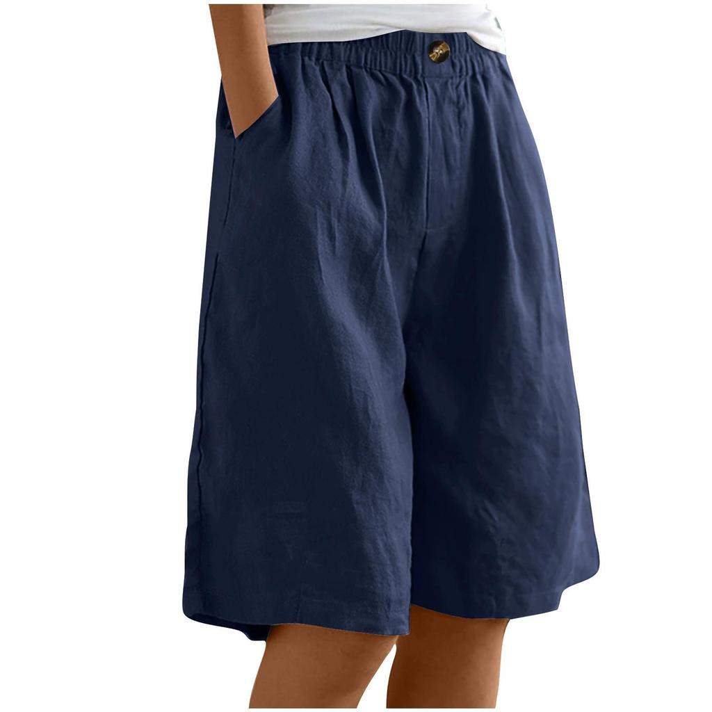 Female Summer Solid Color Simple Cotton Linen Shorts Button High Waist Loose Five Pants