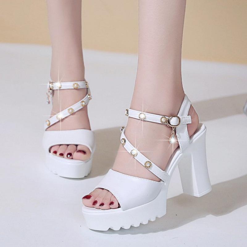 2025 Summer New Korean Version of Fish Mouth Versatile Waterproof Table High Heel Sandals Women's One-word Buckle Thin Heel Fashion Women's Shoes