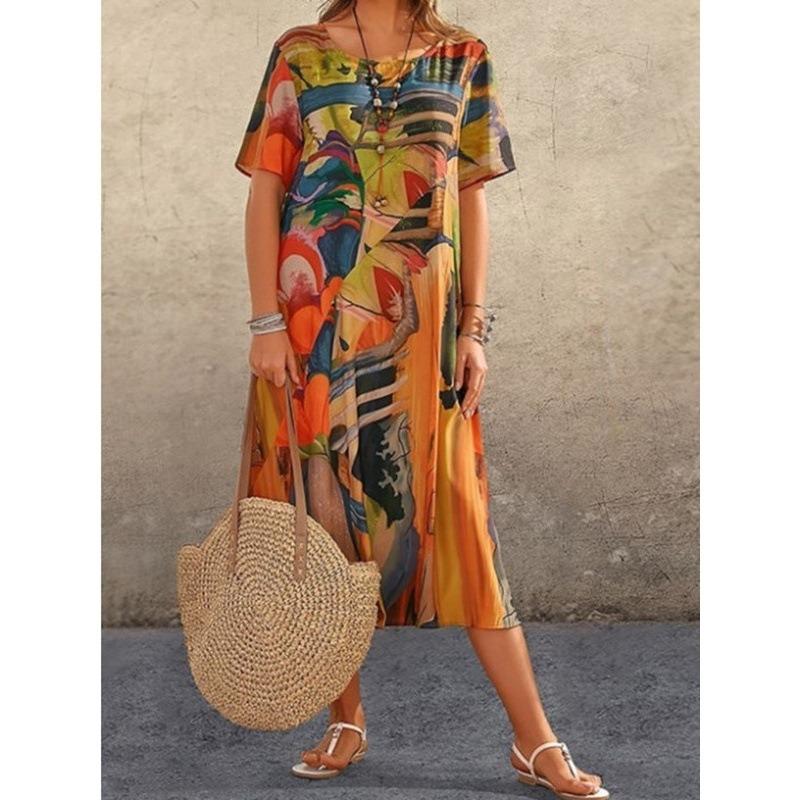 IHUASU Fashion Summer Spring Short Sleeve O-Neck Casual Dresses