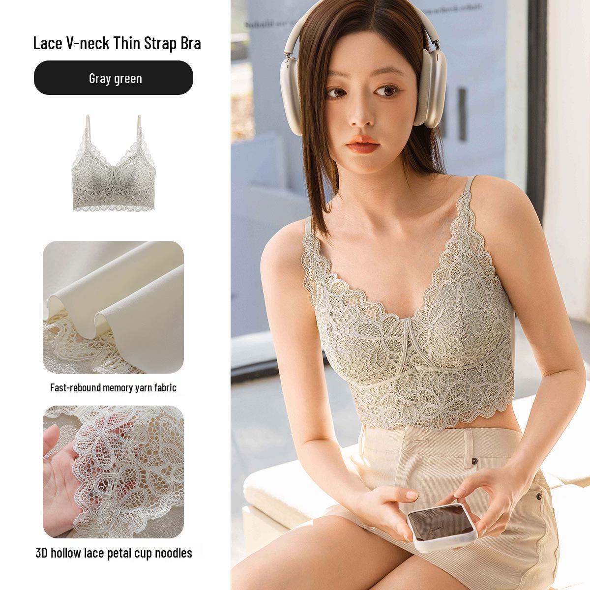 Женский французский кружевной тонкий бюстгальтер-топ на тонких бретельках, стройнящий Extra Large серый/зелёный