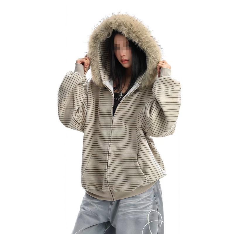 

Unisex Retro Striped Zip-Up Hooded Jacket with Faux Fur Trim - Perfect for Autumn and Winter. XXXL бежевий