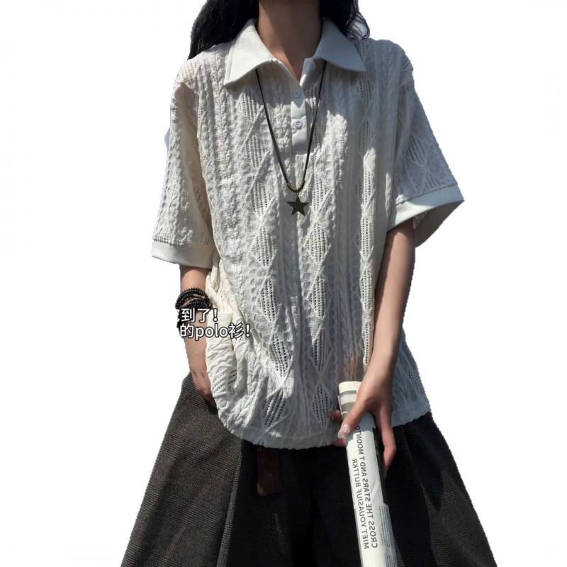 Womens Oversized Short Sleeve Polo T-Shirt Wheat Jacquard Casual Streetwear Couples