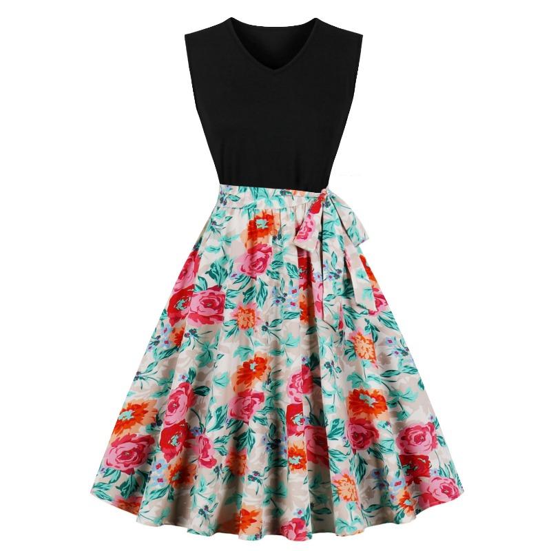 Summer New Retro V-neck Sleeveless Black Spelling Print Pendulum Dress