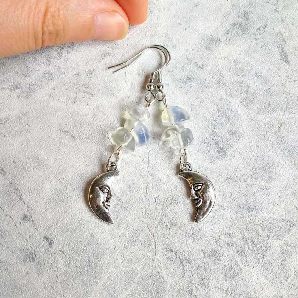 Bohemian Abstract Human Face Crescent Moon Irregular Crystal Moonstone Beads Dangle Earrings for Women Goth-themed Party Jewelry