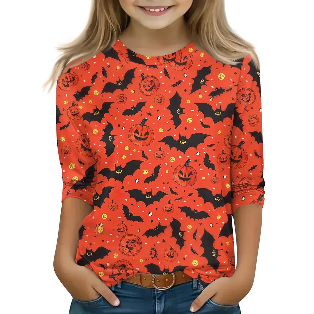 Kinder 3/4-Ärmel Tops Lässiges Halloween-Print T-Shirt Rundhals Pullover Bluse