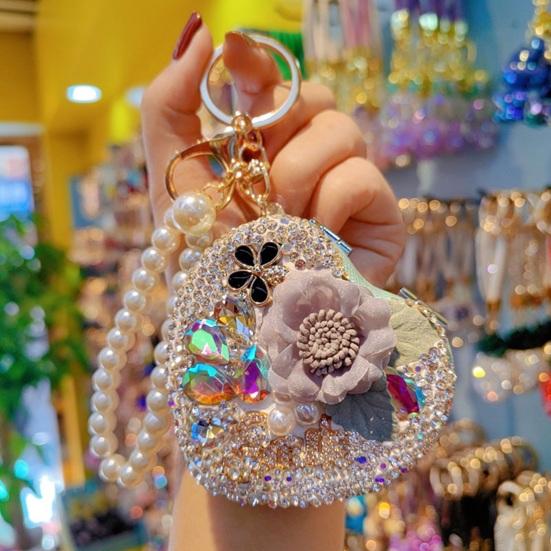 Folding Mirror Keychain Women Portable Makeup Mirror Rhinestone Faux Pearl Chain Sparkling Mirror Pendant for Touch-Ups Handbag
