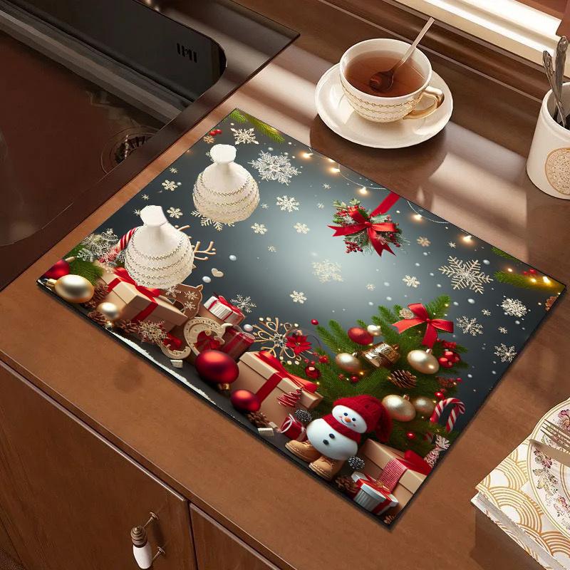 1Pcs Rubber Drying Mat With Christmas Style Print For Coffee Shop Restaurant Kitchen Carpet Tableware Durable Diatom Mud Table Mat Pet Mat Coffeeware