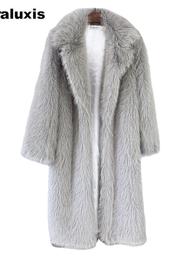 Fall Winter Women's Long Fur Coat with Westem Collar Suit Jacket Faux Fur Overcoat