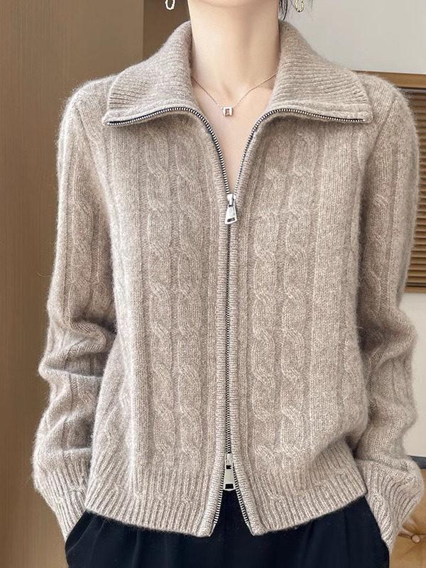 Women's Double Zipper Knit Cardigan - Long Sleeve Lapel Sweater for Spring & Autumn
