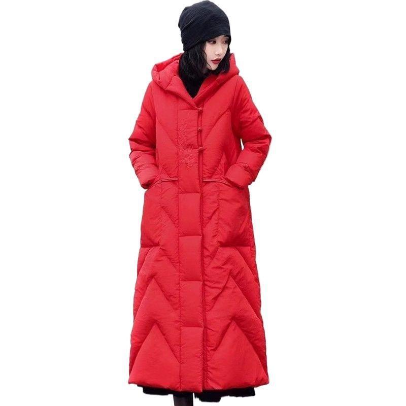 Lange baumwollgepolsterte Damen Winter neu Kapuze locker ethnisch über dem Knie verdickt baumwollgepolsterte Jacke Retro mittlerer Mantel