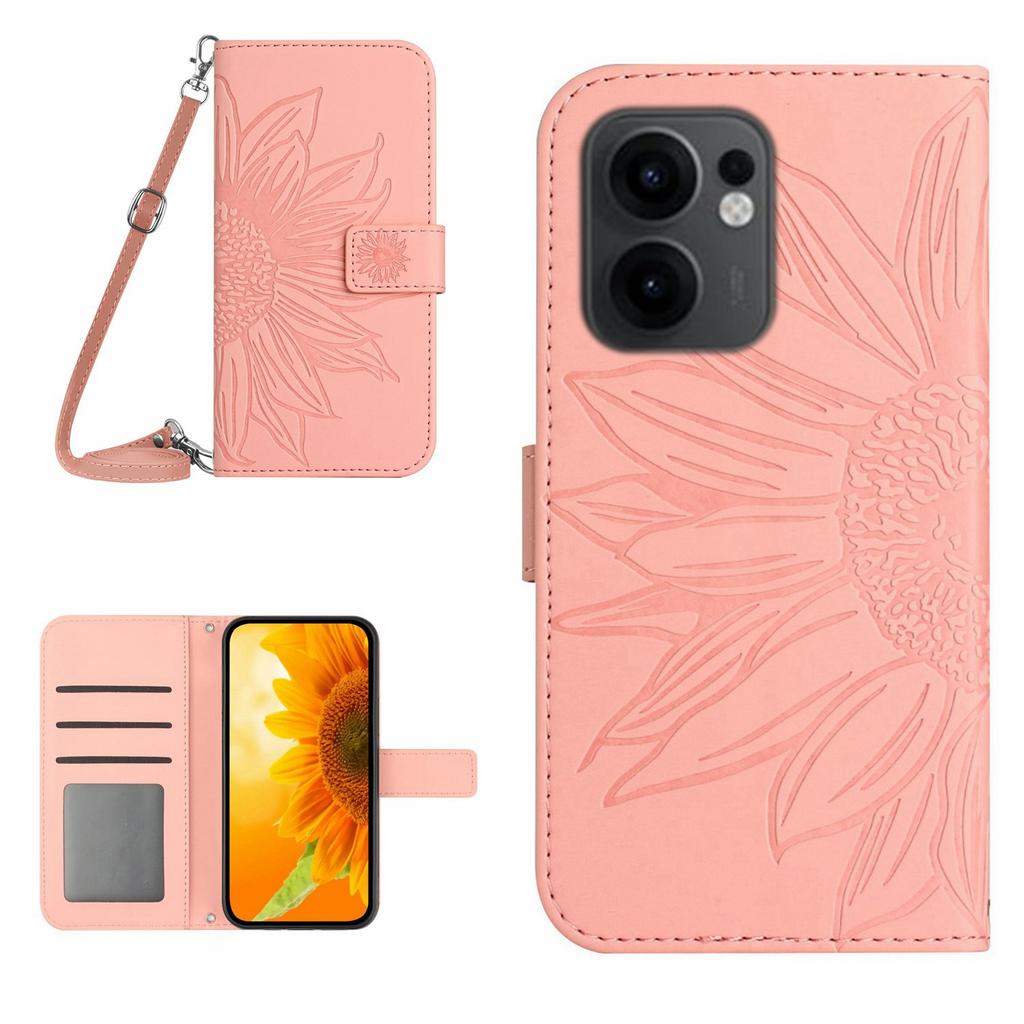 For Oppo Reno13 F 4G/5G Case Sunflower Imprint PU Leather Phone Cover with Long Strap