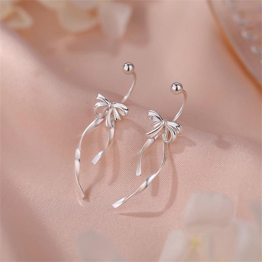 S925 Silver Ribbon Bow Stud Earrings Super Fairy Earrings Earrings