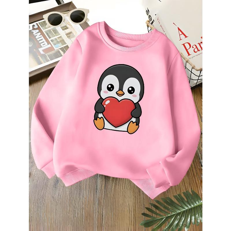 Kids Unisex Crewneck Sweatshirt, Cute Cartoon Penguin Holding Red Heart Print Soft Fleece Pullover For Kids Over 4 Years Old