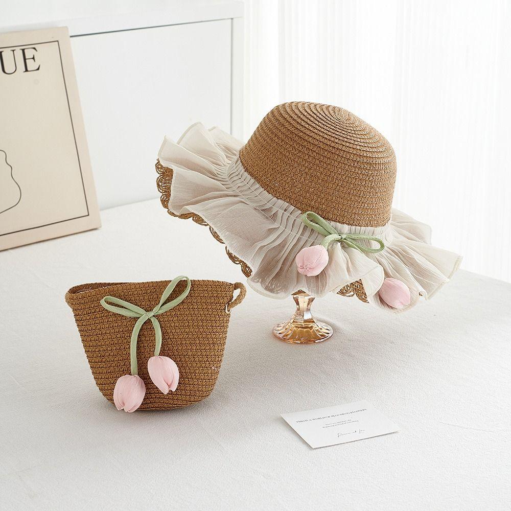 with Same Style Crossbody Bag Tulip Straw Sun Hat Korean Style Lace Brim Beach Cap  Baby