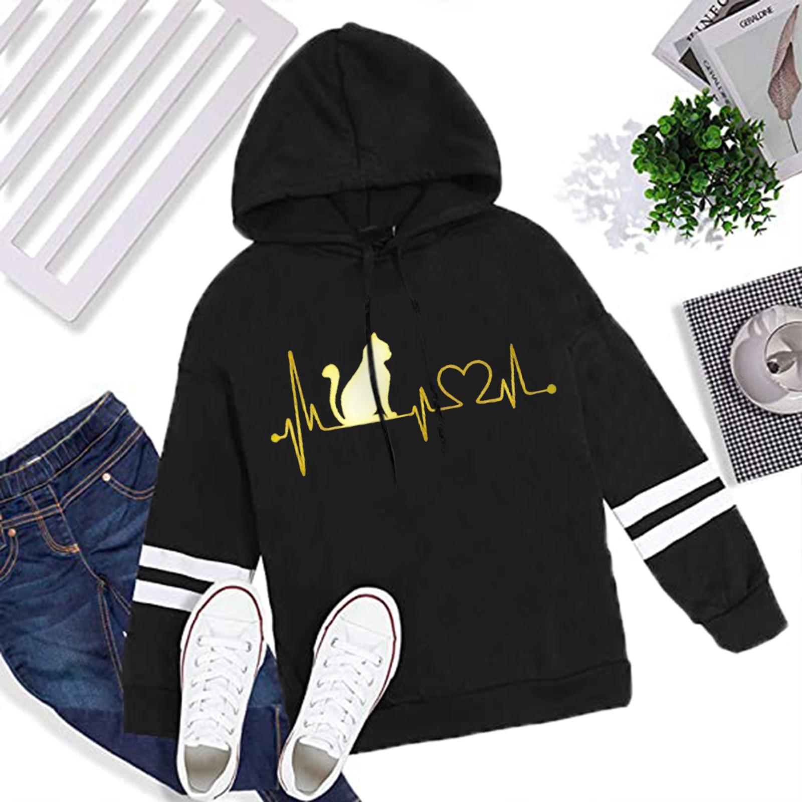 

Women s Heartbeat Print Hoodie Sweatshirt Pullover Tops Long Sleeved Comfortable M чорний