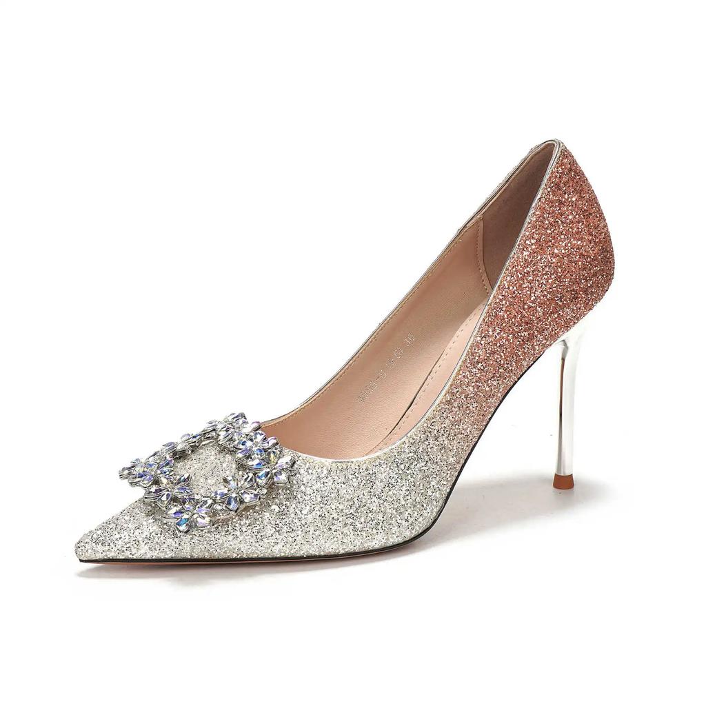 Autumn Luxury Ladies Pumps Rhinestone Square Buckle Women's High Heels Single Shoes Dress Banquet Wedding Shoes