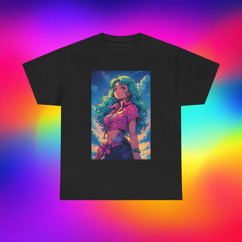 Anime Girl Teal Hair Portrait T-Shirt | Vibrant Sunset Aesthetic Graphic Tee