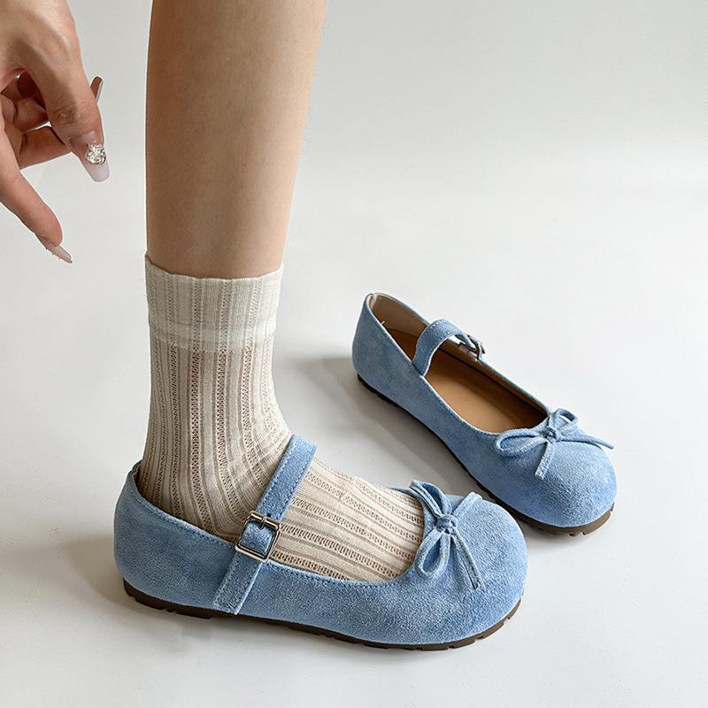 Spring 2025 New Flat Bottom Mary Jane Shoes with Bow Women's French Round Head Ballet Style Single Shoes