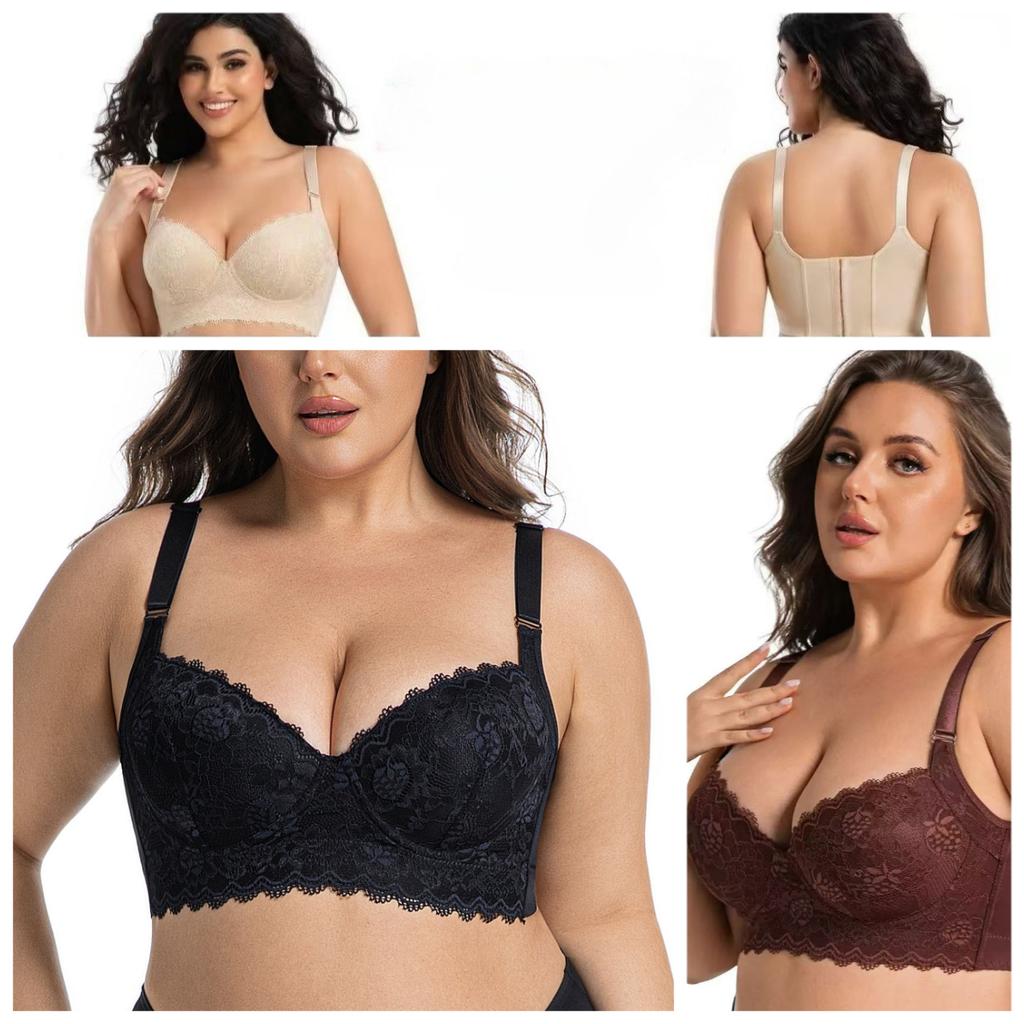 Large Size Thin Cup Lace Underwear for Women with Side Breast Adjustment and Underwire Bra