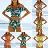 Women's Ruffle Hanging Neck  Sexy Split High Waist Bikini Swimsuit
