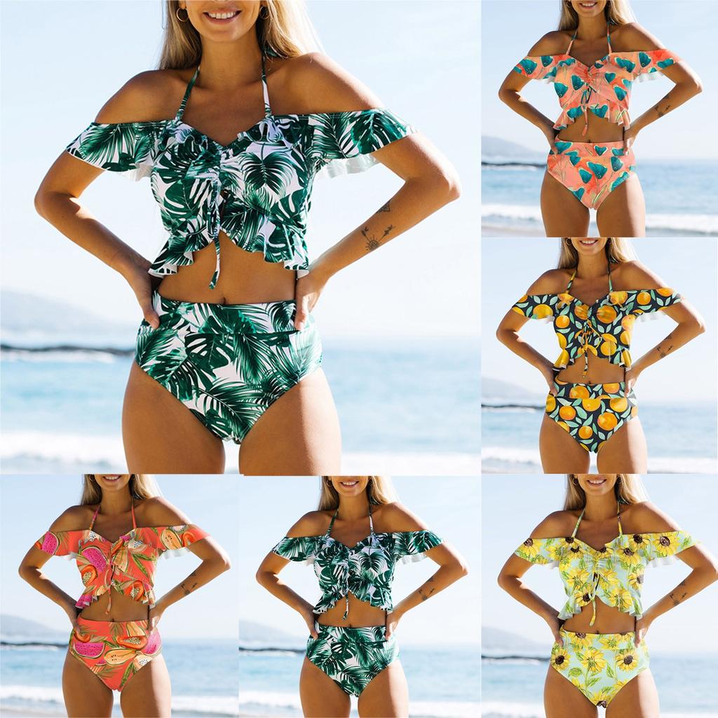 Dames volangkant hengende hals sexy splitt høy midje bikini badedrakt