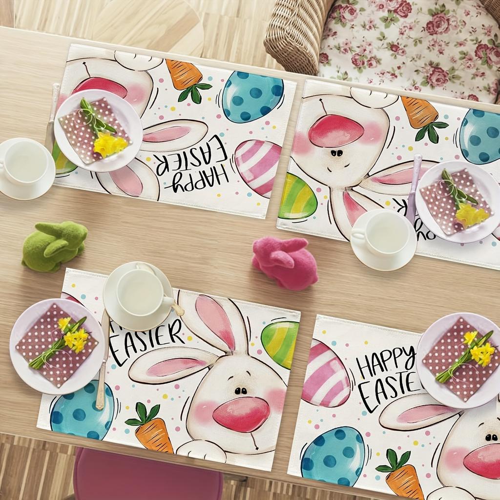4 Stück, Frohe Ostern Hasen Tischsets Set aus 4, Niedliche Hasen Eier Karotte Punkte Streifen Esstisch Platzsets, Bauernhaus Küchen Deko 12 x 18 Zoll