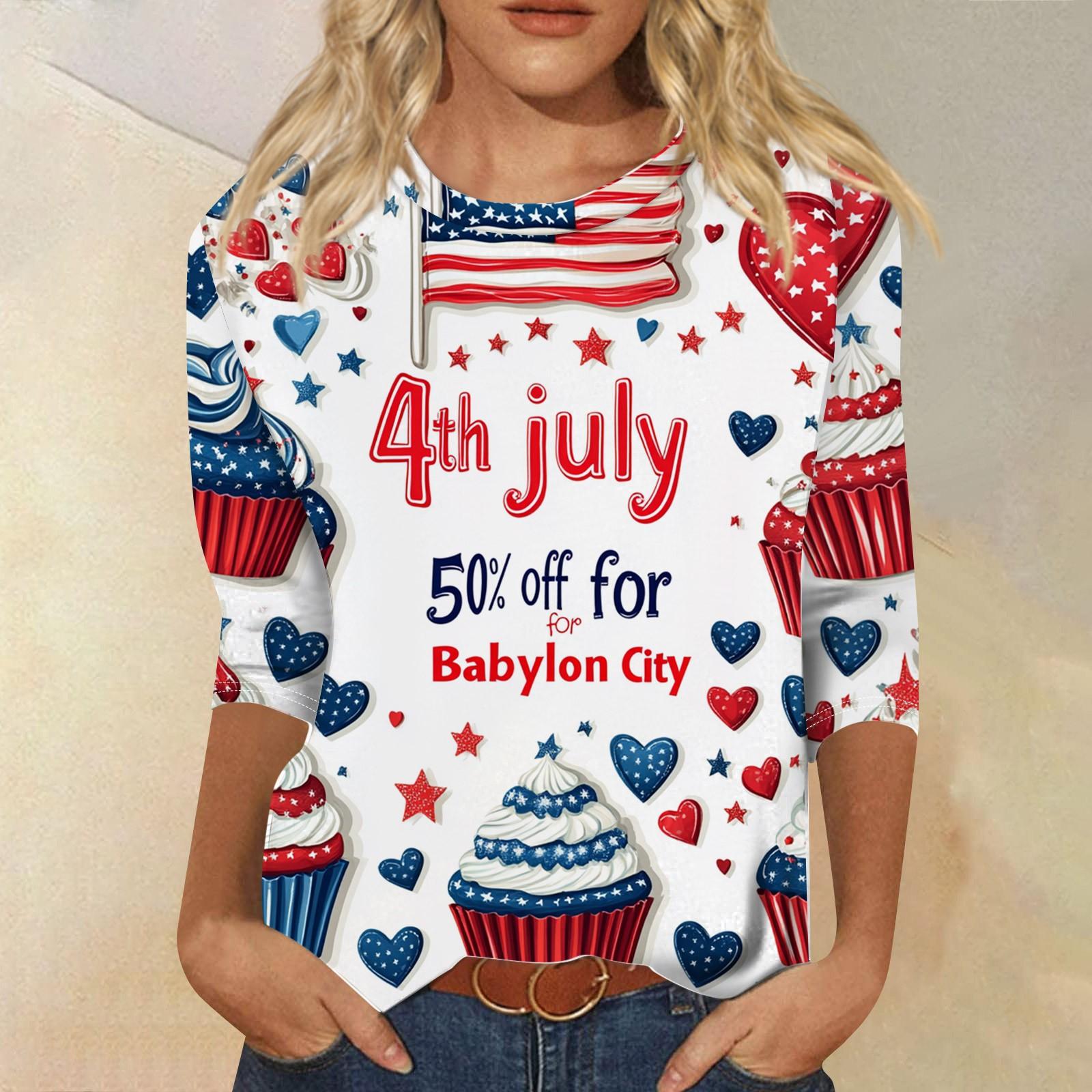 

Women s Fashion Casual 3/4 Sleeve Independence Day Printed Round Neck Pullover Top M рожевий