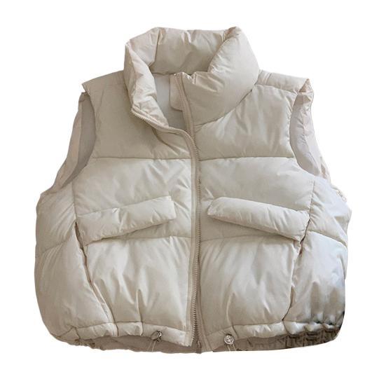 Women Vest Coat Stand Collar Sleeveless Zipper Placket Cotton Waistcoat with Pockets Drawstring Hem Loose Fit Solid Color Puffer Vest