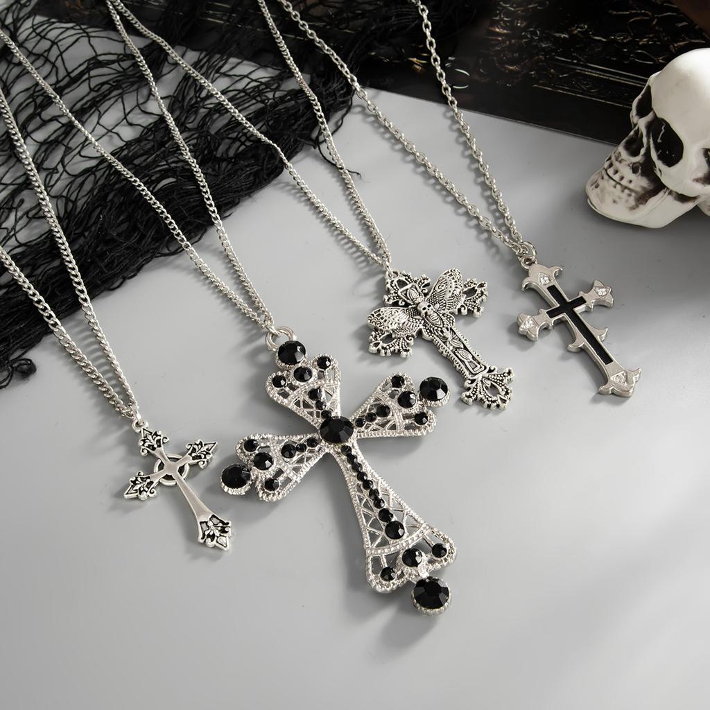Gotycki naszyjnik z wisiorkiem w kształcie diamentowego krzyża Diablo, Modny zestaw naszyjników z metalowym łańcuszkiem