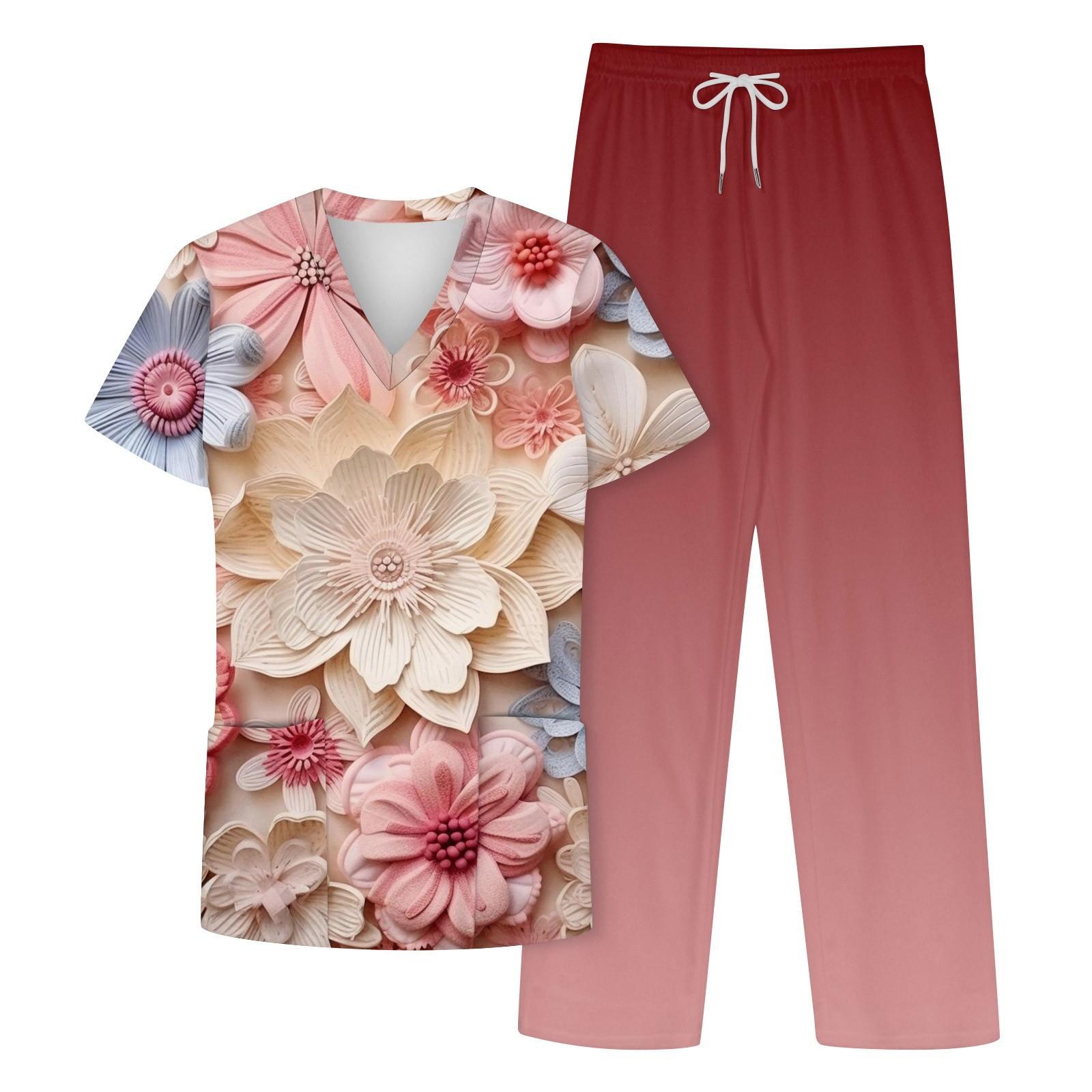 

Женский рабочий топ с коротким рукавом, v-образным вырезом, 3D имитацией цветочного принта, нагрудный карман, рабочий топ, брюки с эластичной резинкой на талии, рабочий комплект из двух предметов XXXL розовый