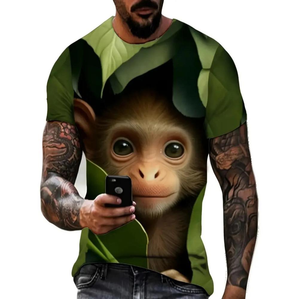 Summer Men Monkey Pattern T-Shirt Hip Pop Short Sleeve Fashion Comfortable Soft Large Size Round Neck T-Shirt