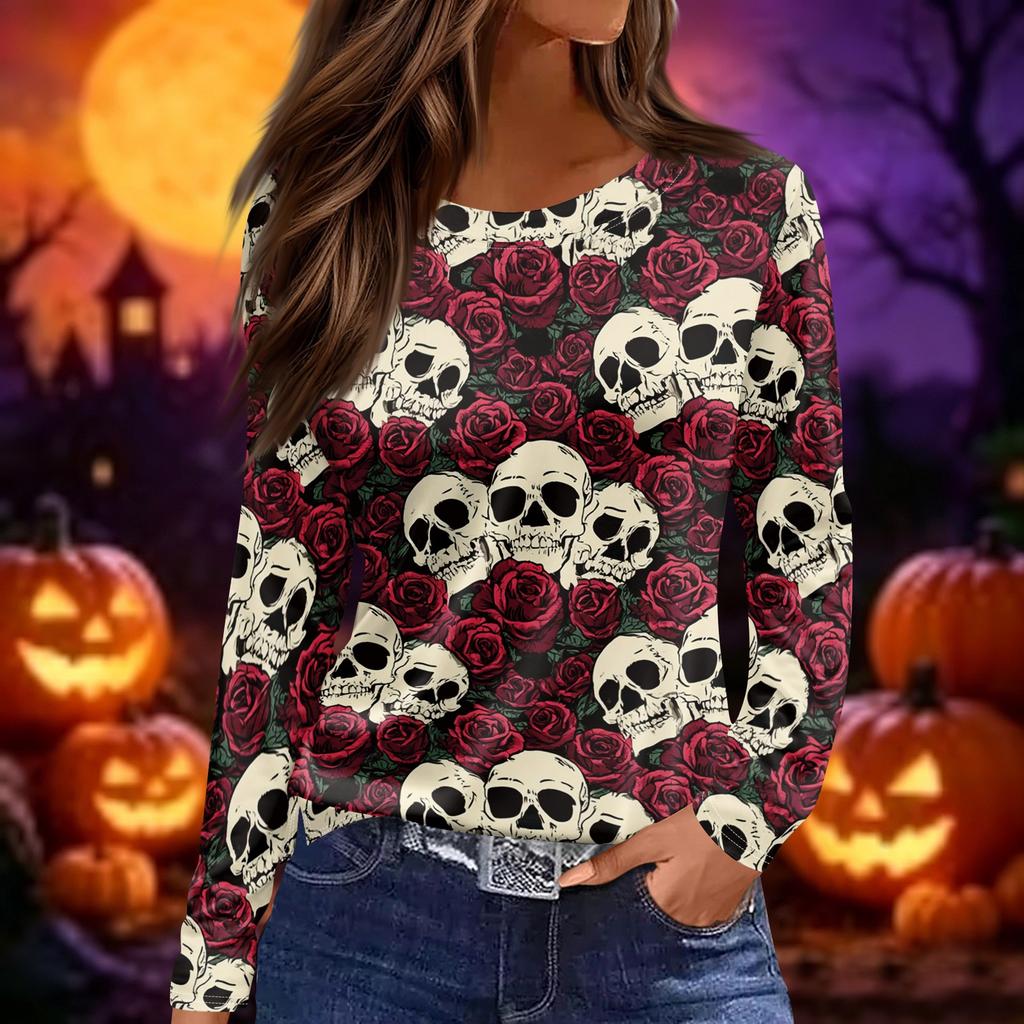 Women's Fashion Print Long Sleeve Top with Round Neck and Side Slits