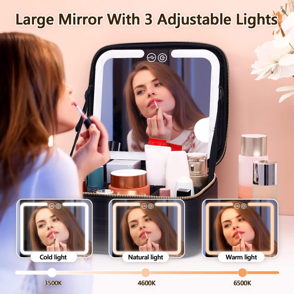 Travel Makeup Bag with LED Lighted Make up Case with Mirror 3 Color Setting Cosmetic Makeup Box Organizer Vanity Case for Women Beauty Tools