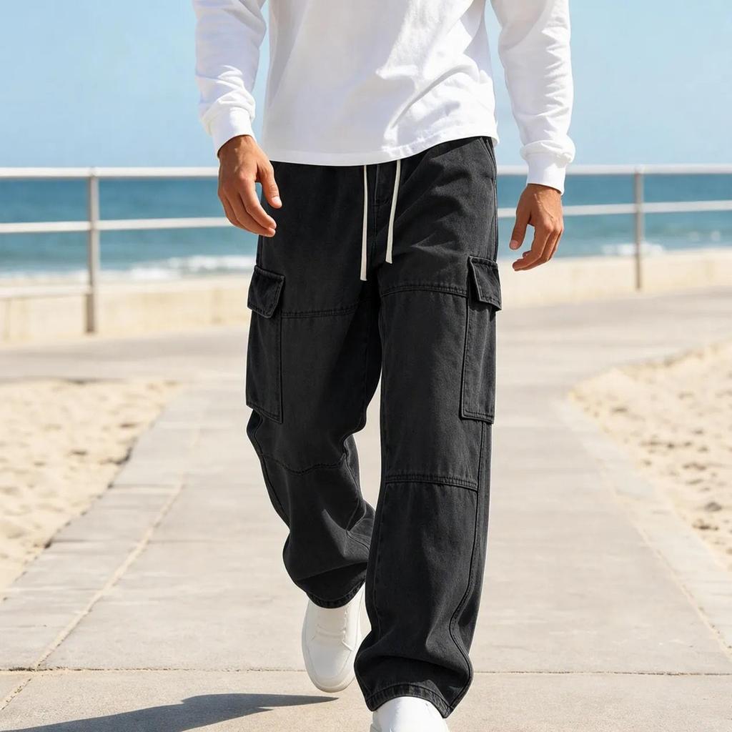 Men's Loose Fit Denim Cargo Pants with Elastic Waist, Streetwear Casual Outdoor Trousers