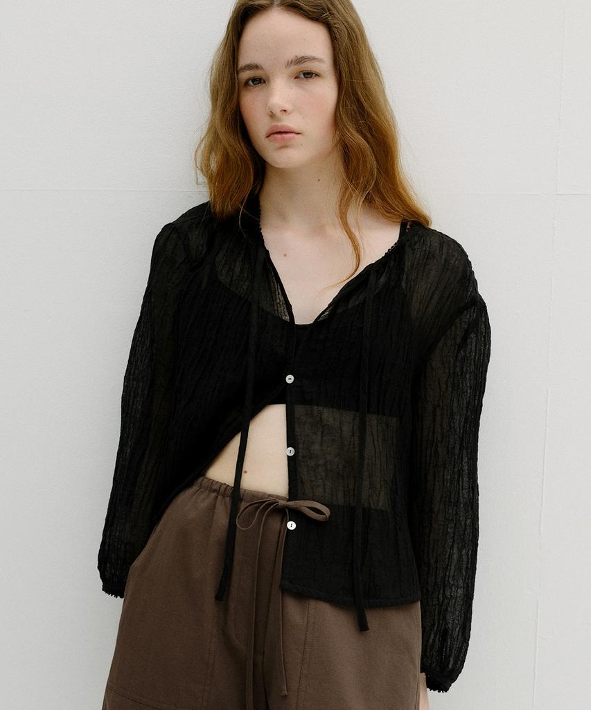 Beullaengkeu03 Wrinkled Linen Blouse (Black)