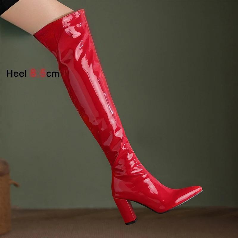 Bottes hautes sexy au-dessus du genou pour femmes, bout pointu, fermeture éclair, talon carré, talon haut, chaussures pour dames, automne hiver, bottes chunky, grande taille